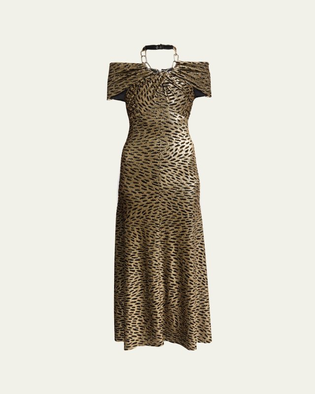 Chain Halter-Neck Leopard Gown